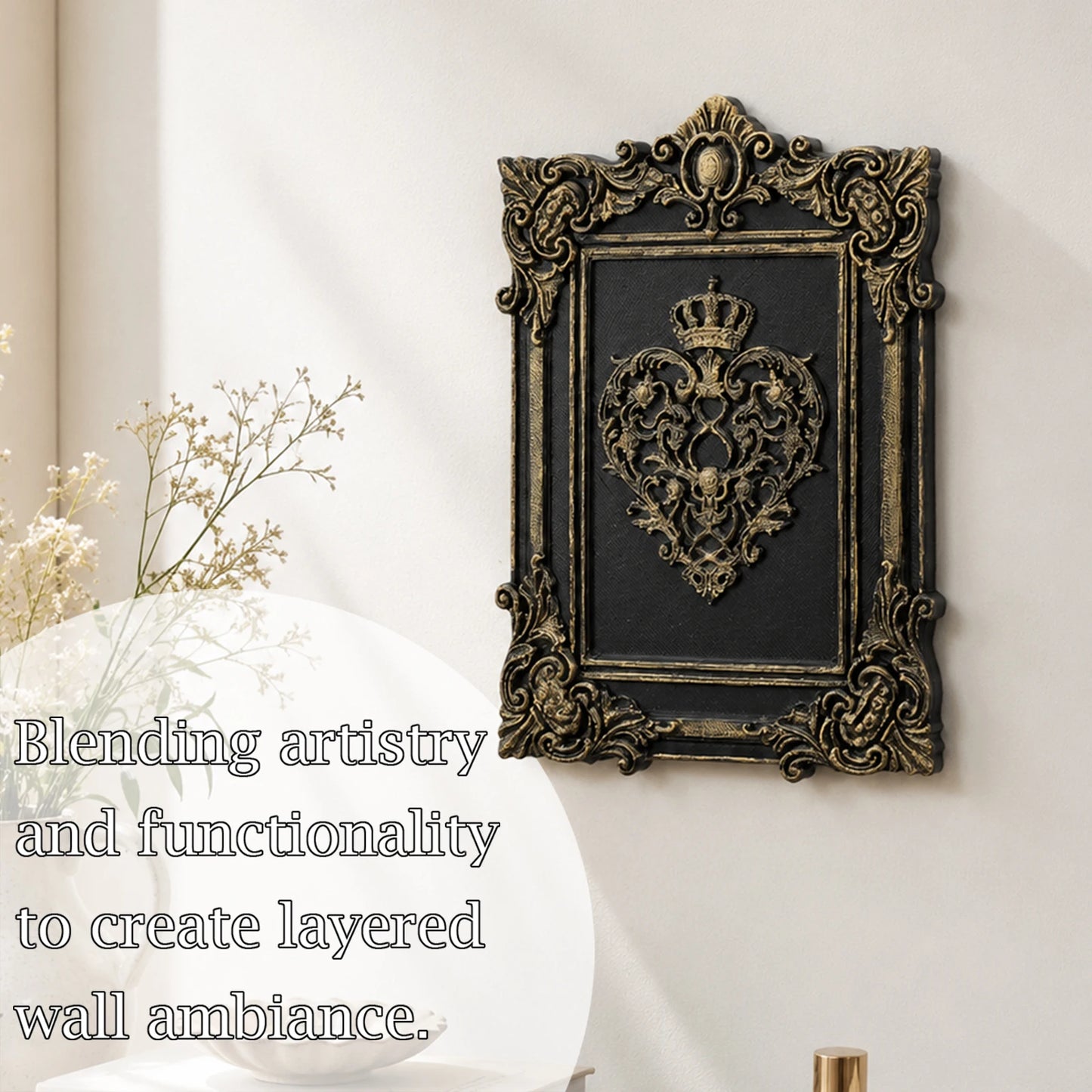 Baroque crown heart plaque – dark royal wall hanging side view