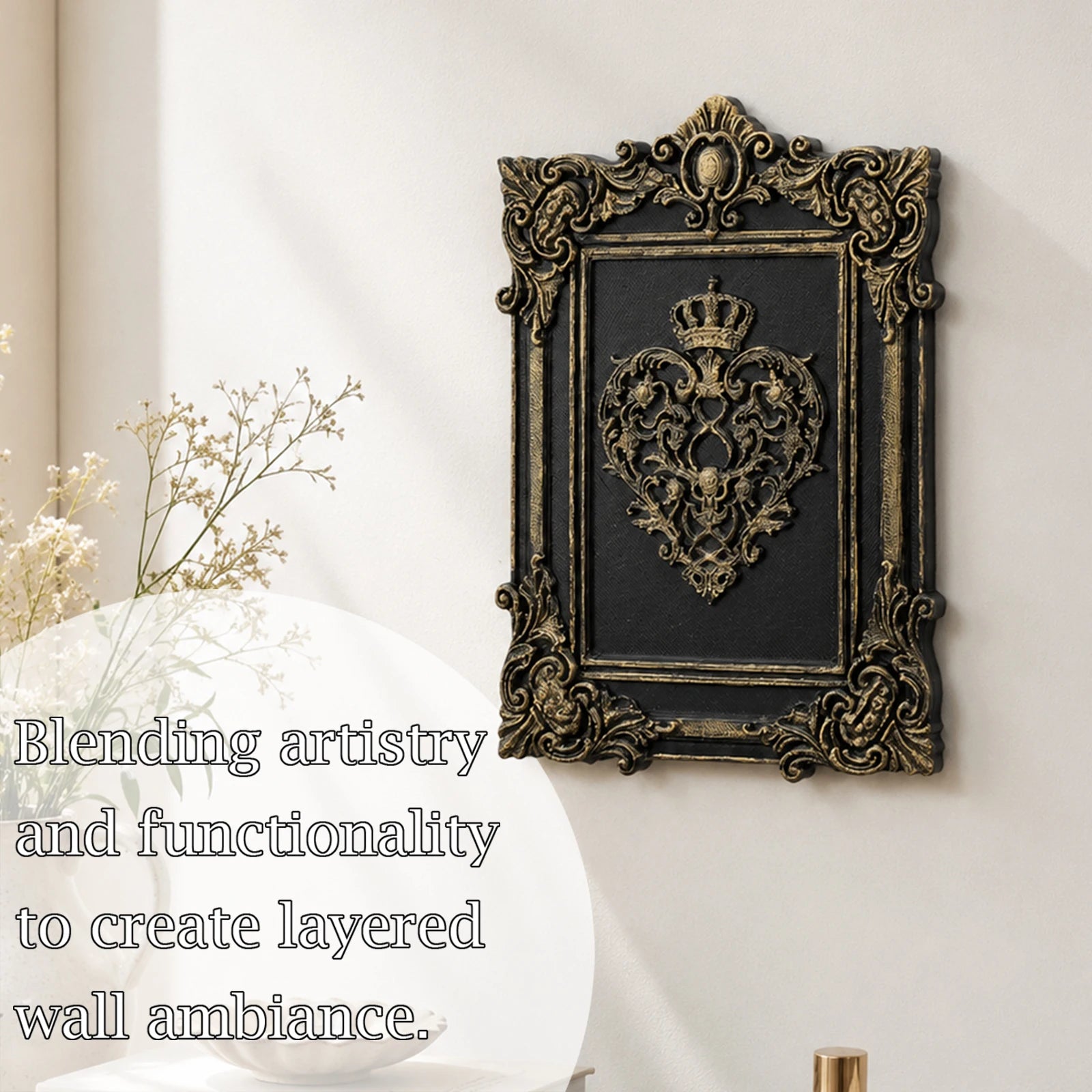 Baroque crown heart plaque – dark royal wall hanging side view
