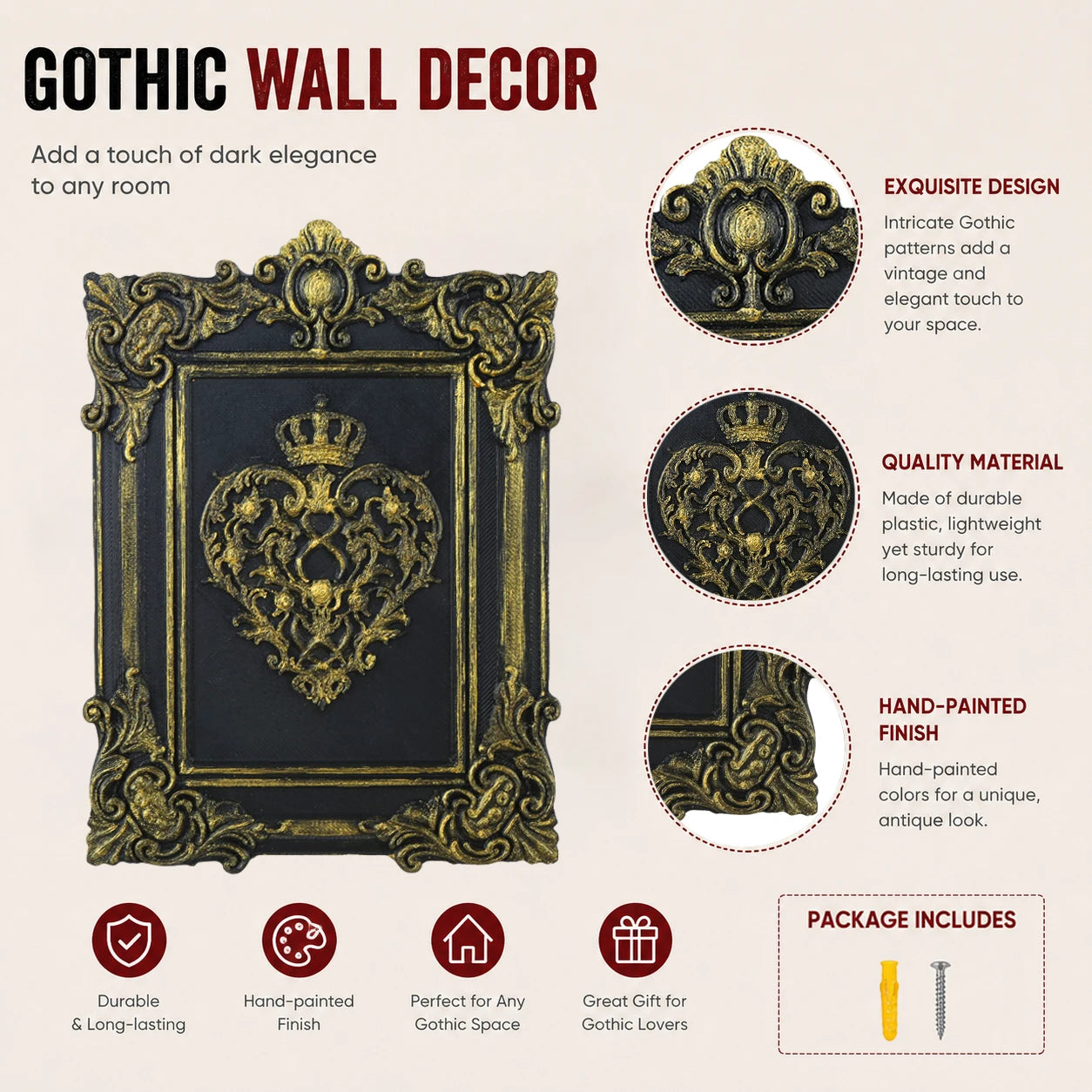 Crown heart wall plaque – rococo carved scrollwork detail close-up