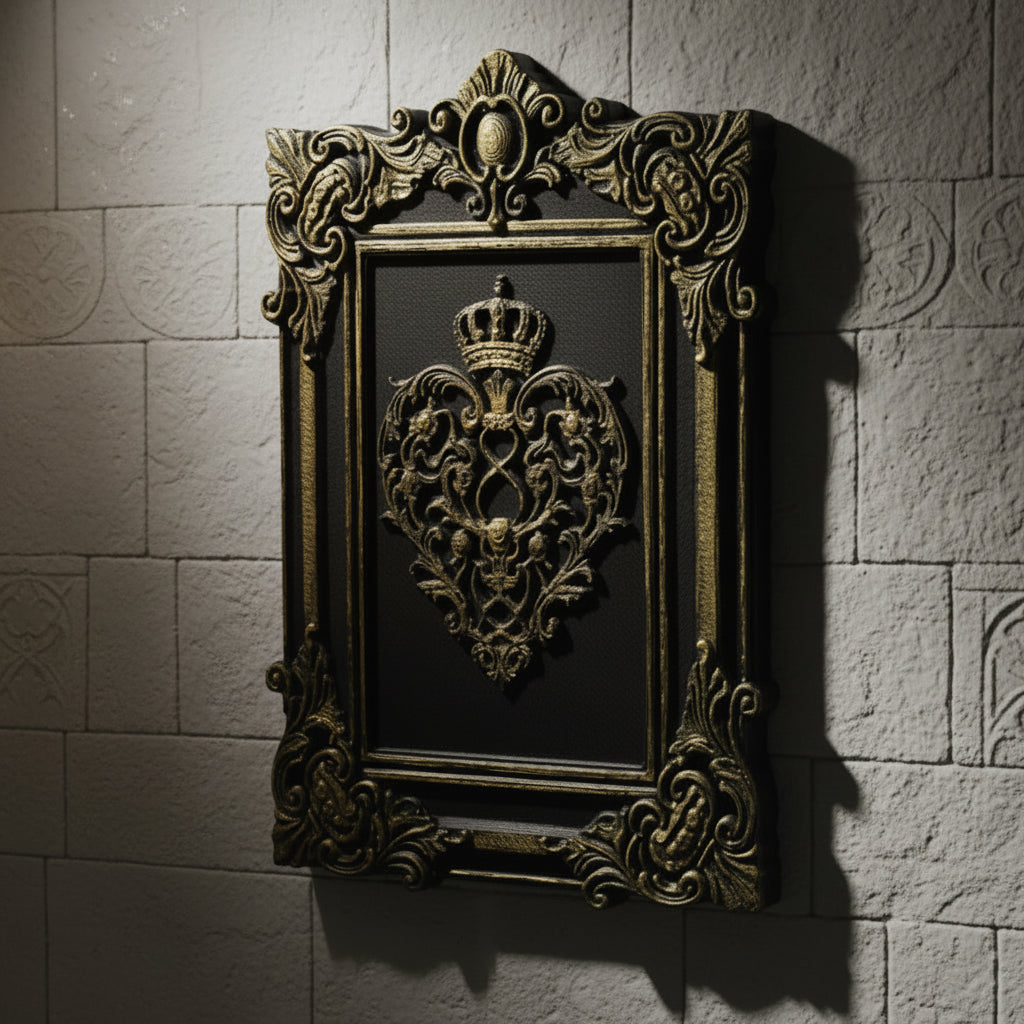 Gothic crown heart relief – carved wall art detail