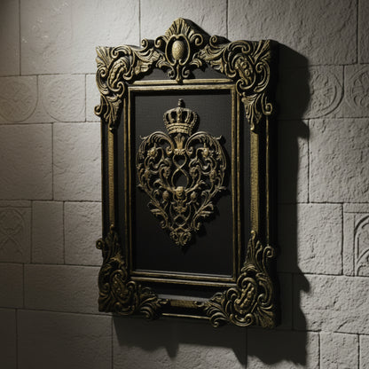 Gothic crown heart relief – carved wall art detail