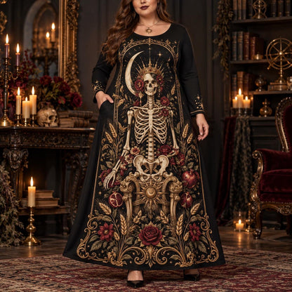 Crowned Skeleton Plus Size Witch Dress – Gothic Rose Long Sleeve Maxi – worn, front view