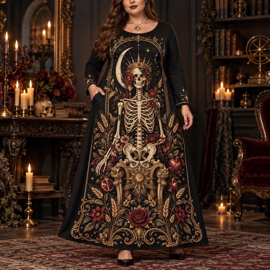 Crowned Skeleton Plus Size Witch Dress – Gothic Rose Long Sleeve Maxi – worn, front view