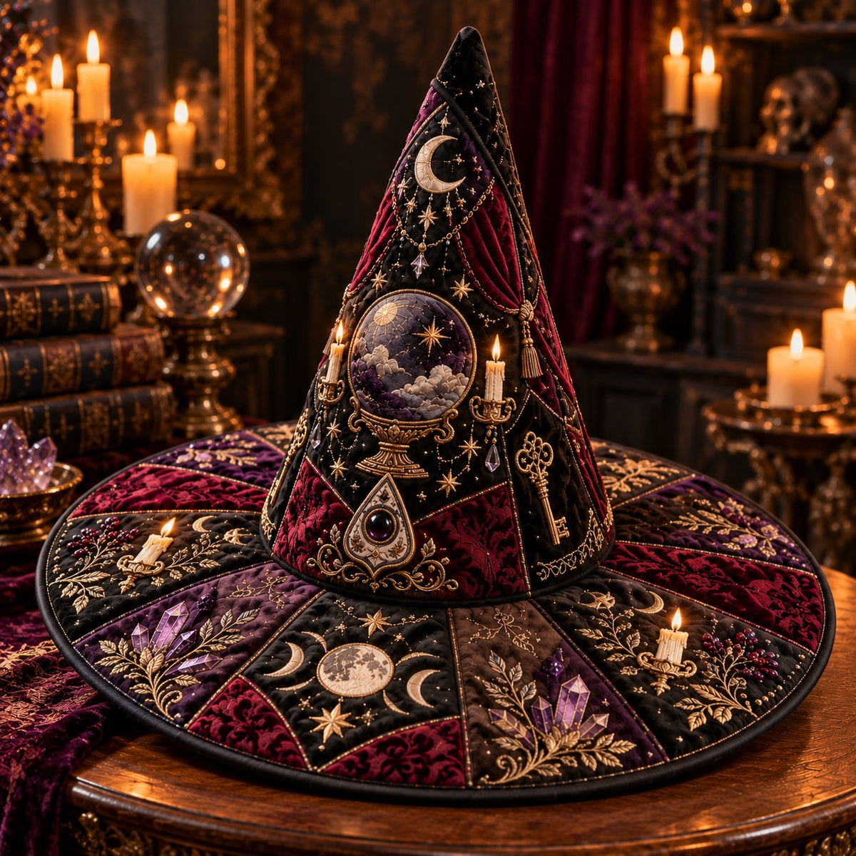 Crystal Ball Quilted Witch Hat – Seance Divination Wide Brim Hat – styled with candles and crystals