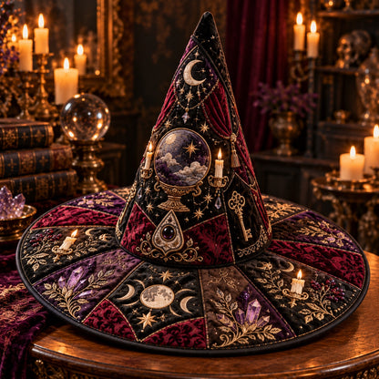Crystal Ball Quilted Witch Hat – Seance Divination Wide Brim Hat – styled with candles and crystals