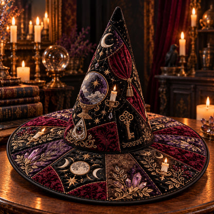 Crystal Ball Quilted Witch Hat – Seance Divination Wide Brim Hat – styled with candles and crystals