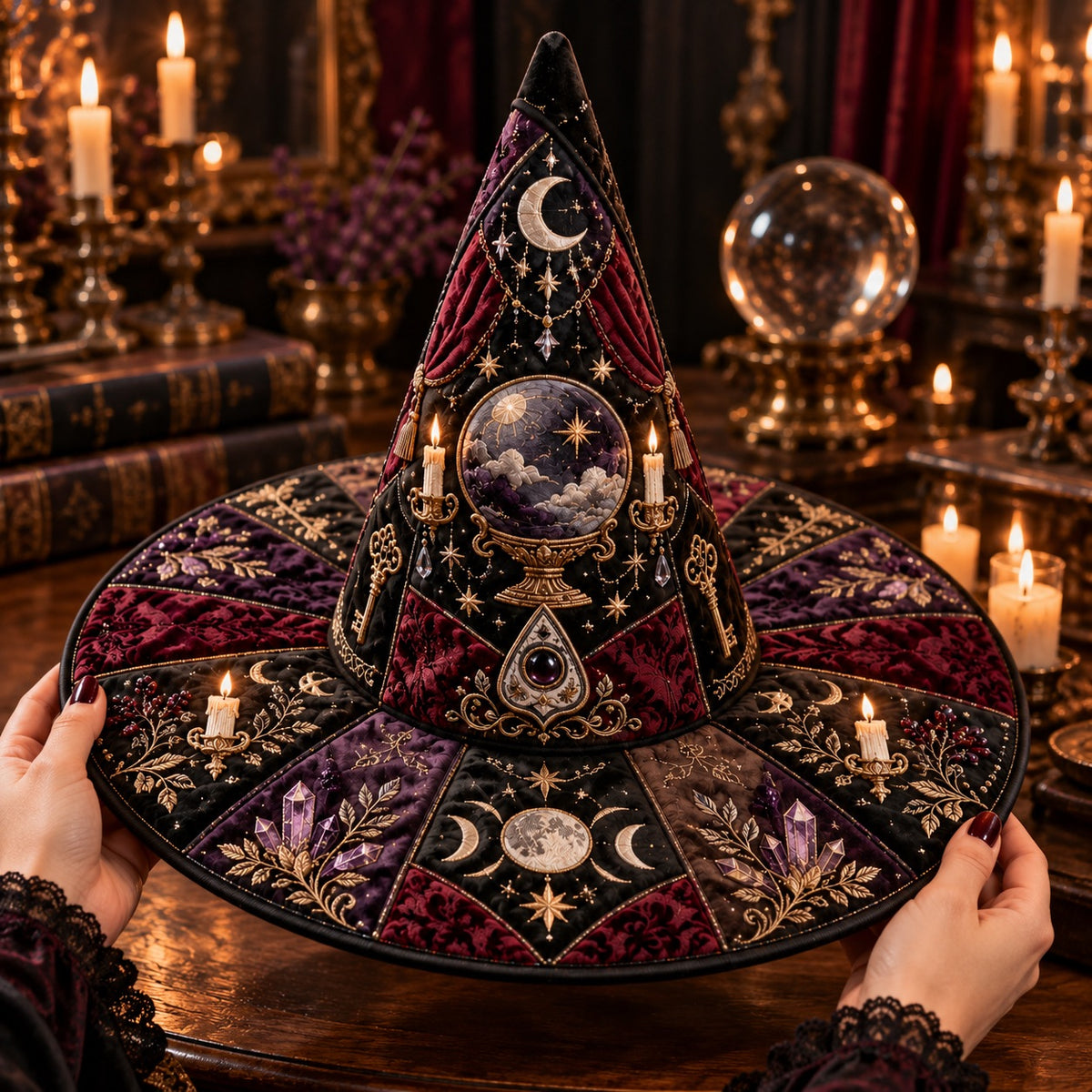 Crystal Ball Quilted Witch Hat – Seance Divination Wide Brim Hat – held in both hands