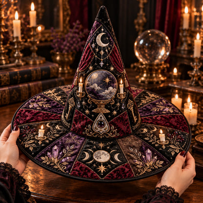 Crystal Ball Quilted Witch Hat – Seance Divination Wide Brim Hat – held in both hands