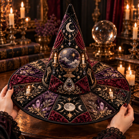 Crystal Ball Quilted Witch Hat – Seance Divination Wide Brim Hat – held in both hands