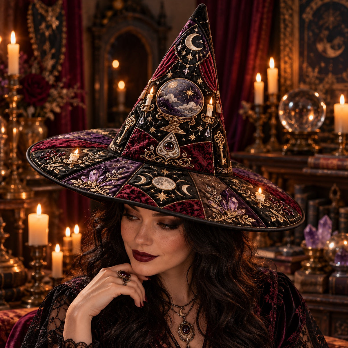 Crystal Ball Quilted Witch Hat – Seance Divination Wide Brim Hat – worn by a model