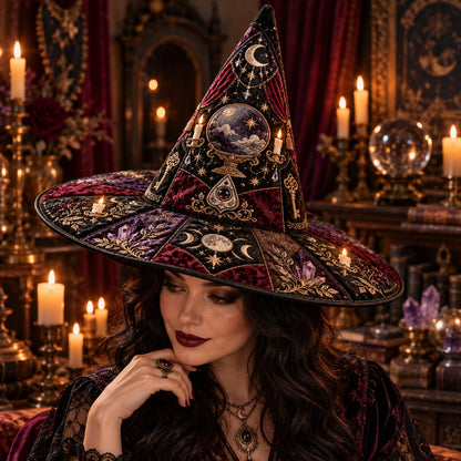 Crystal Ball Quilted Witch Hat – Seance Divination Wide Brim Hat – worn by a model
