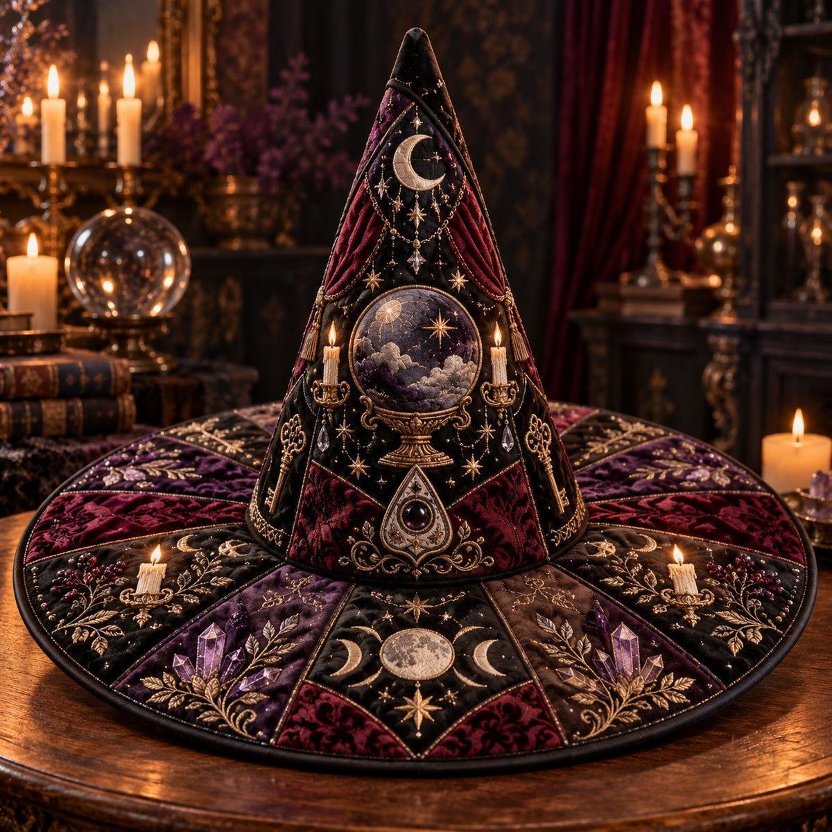 Crystal Ball Quilted Witch Hat – Seance Divination Wide Brim Hat – on an altar table