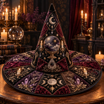 Crystal Ball Quilted Witch Hat – Seance Divination Wide Brim Hat – on an altar table