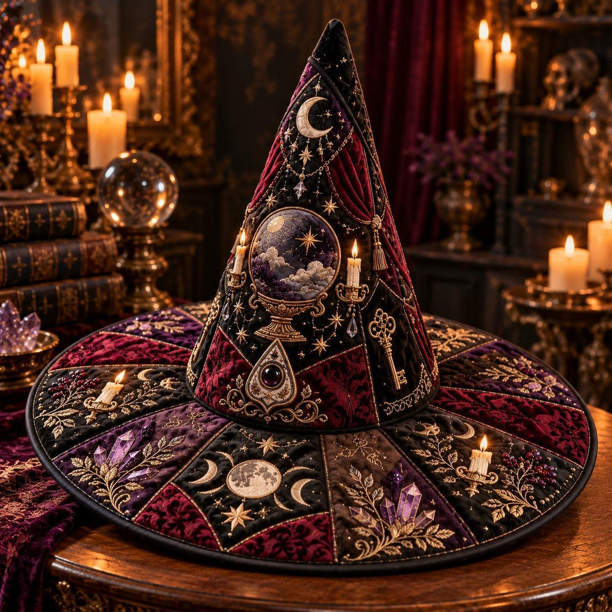 Crystal Ball Quilted Witch Hat – Seance Divination Wide Brim Hat – styled with candles and crystals