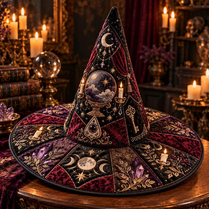 Crystal Ball Quilted Witch Hat – Seance Divination Wide Brim Hat – styled with candles and crystals