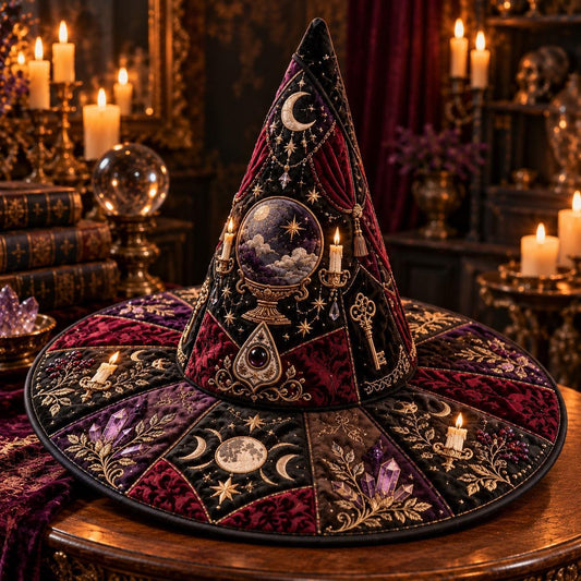 Crystal Ball Quilted Witch Hat – Seance Divination Wide Brim Hat – styled with candles and crystals