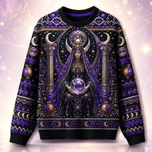 A black and purple crewneck sweater featuring an intricate gothic celestial print with a central figure in a crown and cloak holding a crystal ball, flanked by pillars, crescent moons, stars, and ornate purple and gold patterns.