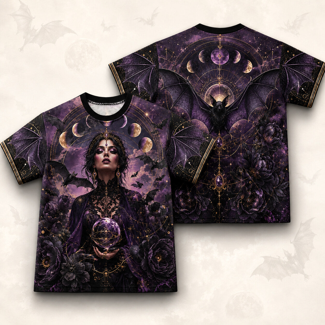 Crystal Ball Witch Bat Raven T-Shirt Purple Rose Gothic Tee front and back together
