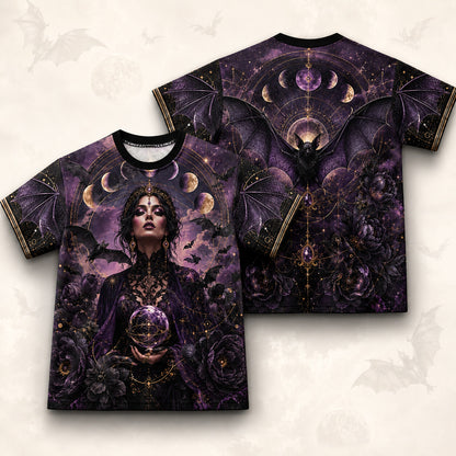 Crystal Ball Witch Bat Raven T-Shirt Purple Rose Gothic Tee front and back together
