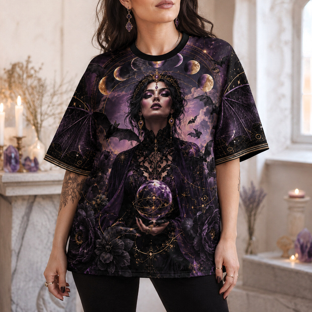 Crystal Ball Witch Bat Raven T-Shirt Purple Rose Gothic Tee worn, front view