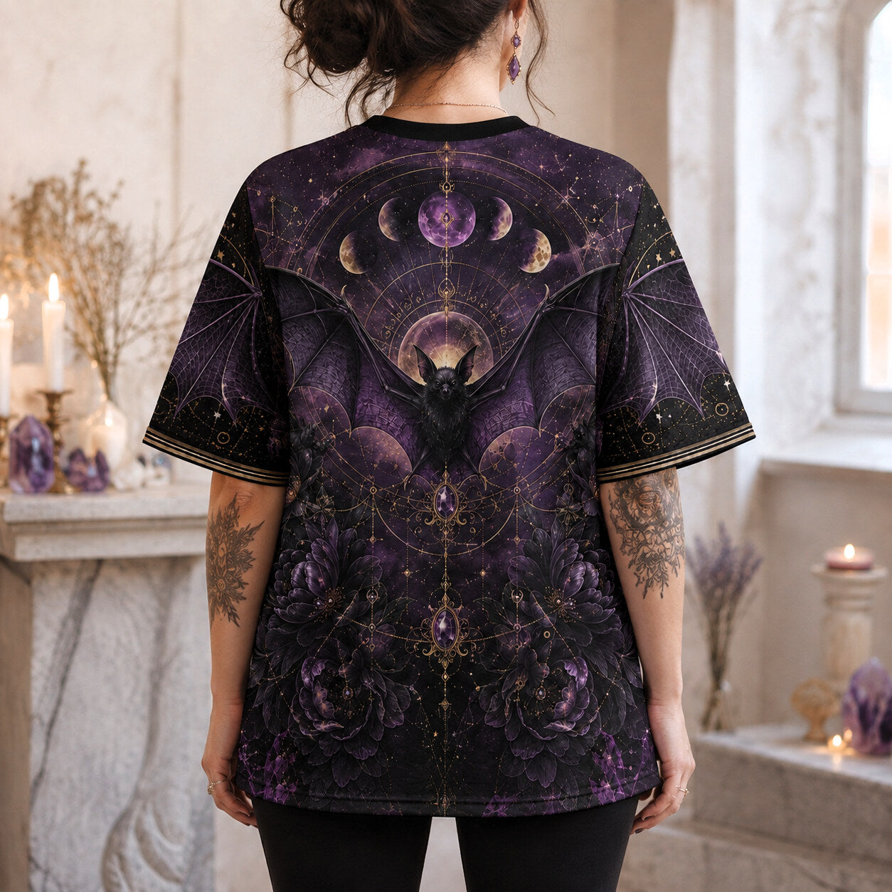 Crystal Ball Witch Bat Raven T-Shirt Purple Rose Gothic Tee worn, back view