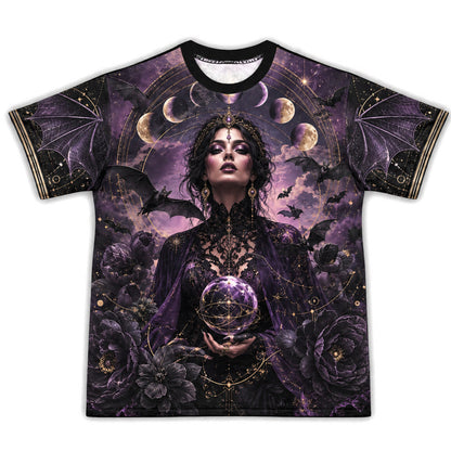 Crystal Ball Witch Bat Raven T-Shirt Purple Rose Gothic Tee front view