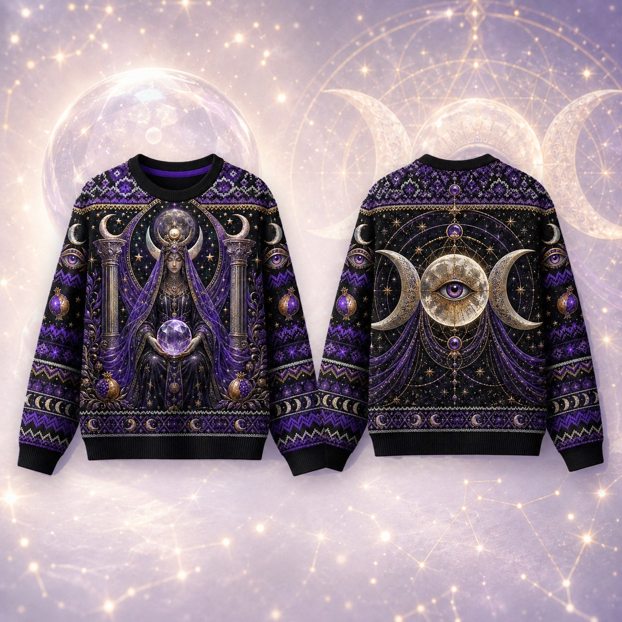 Crystal Ball Witch Sweater All Seeing Eye Purple Knit Jumper front and back together