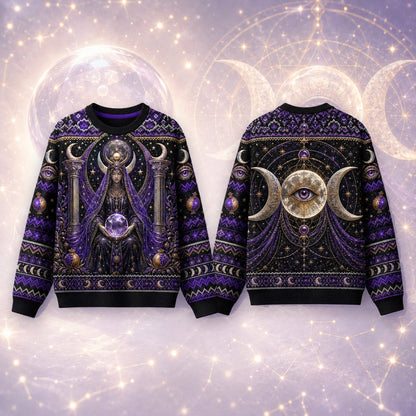 Crystal Ball Witch Sweater All Seeing Eye Purple Knit Jumper front and back together