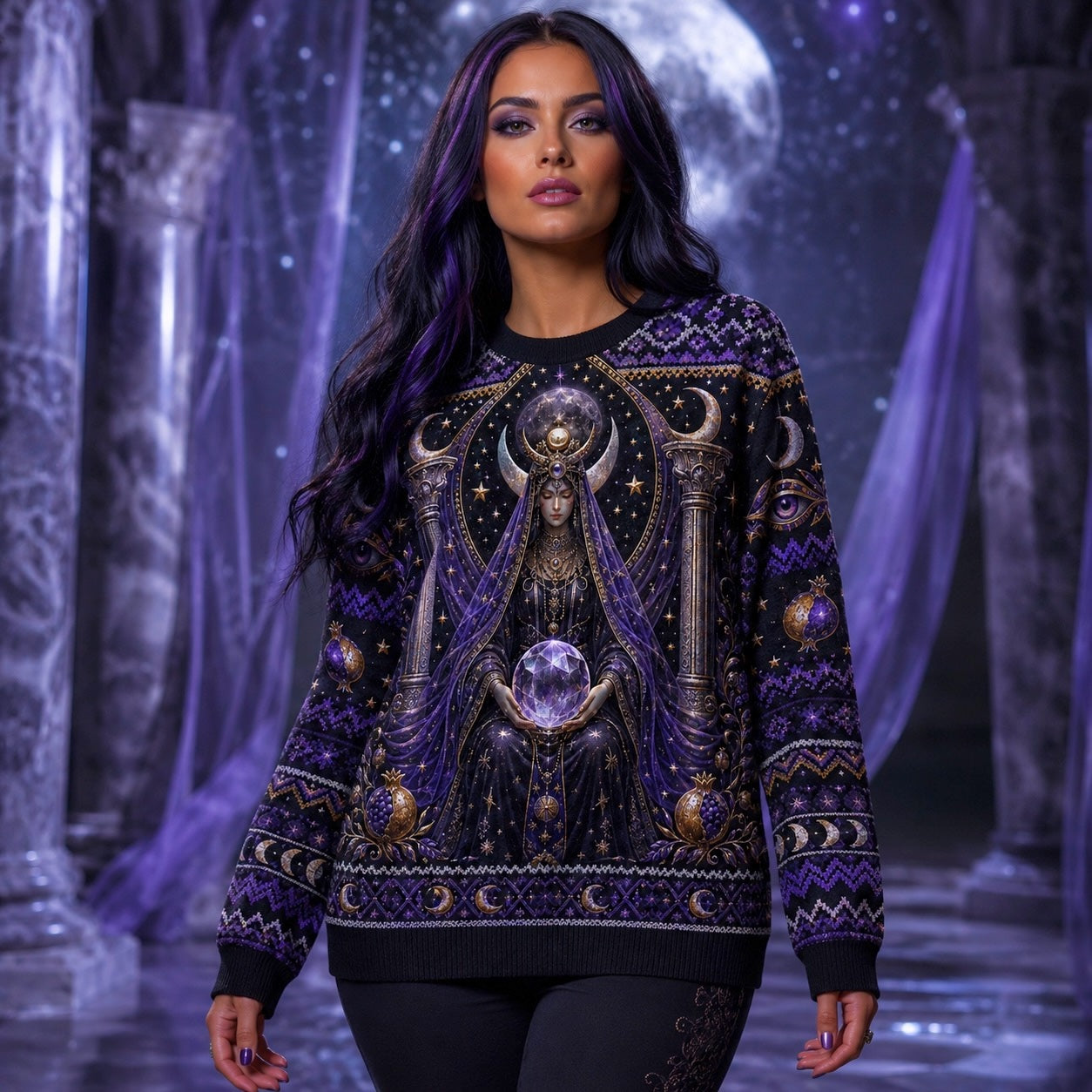 Crystal Ball Witch Sweater All Seeing Eye Purple Knit Jumper worn, front view