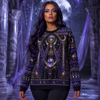 Crystal Ball Witch Sweater All Seeing Eye Purple Knit Jumper worn, front view