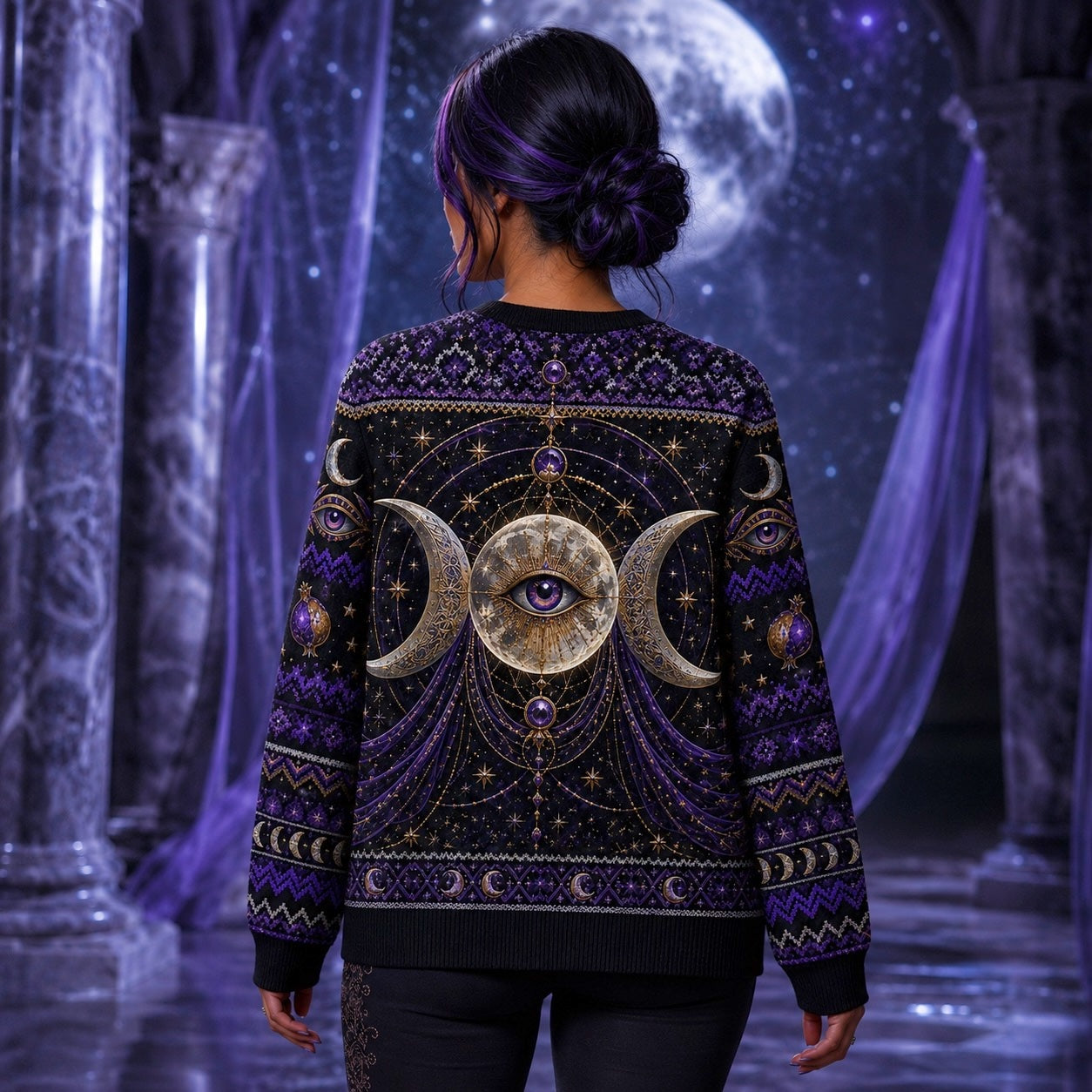 Crystal Ball Witch Sweater All Seeing Eye Purple Knit Jumper worn, back view