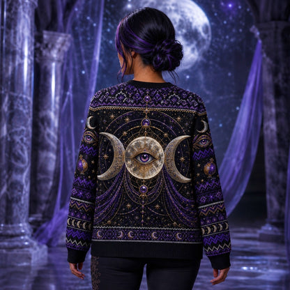 Crystal Ball Witch Sweater All Seeing Eye Purple Knit Jumper worn, back view