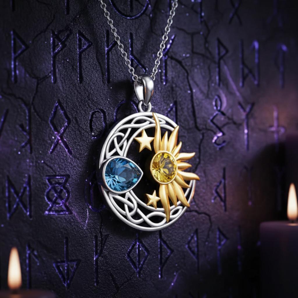 Crystal Blue Stone Sun Moon Pendant Necklace Wicca Pagan Jewelry-MoonChildWorld