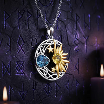 Crystal Blue Stone Sun Moon Pendant Necklace Wicca Pagan Jewelry-MoonChildWorld