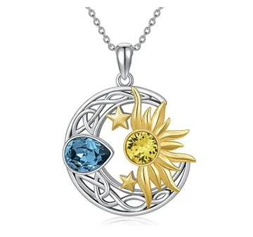 Crystal Blue Stone Sun Moon Pendant Necklace Wicca Pagan Jewelry-MoonChildWorld
