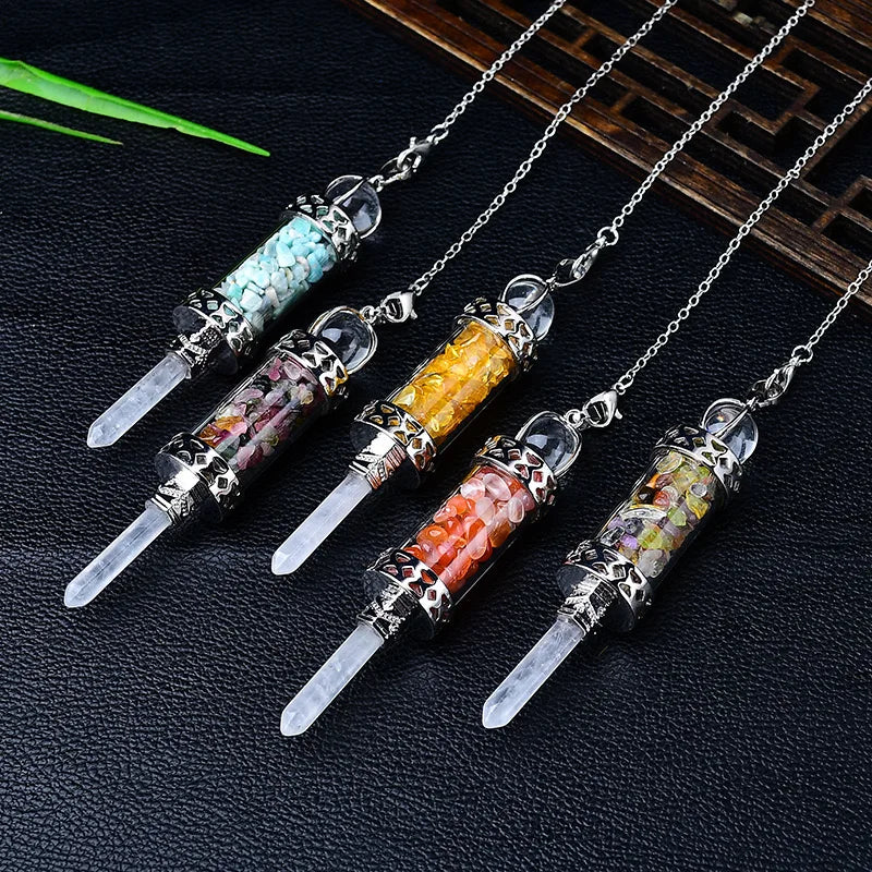 Group of bottle pendulums with crystal chips: Crystal Chip Glass Bottle Divination Pendulum, featuring a crystal-chip glass bottle with an elongated point and chain.