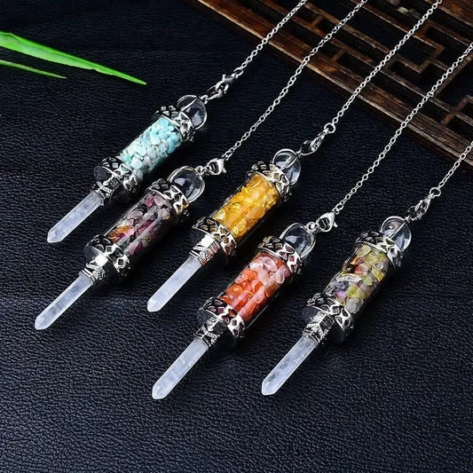 Group of bottle pendulums with crystal chips: Crystal Chip Glass Bottle Divination Pendulum, featuring a crystal-chip glass bottle with an elongated point and chain.
