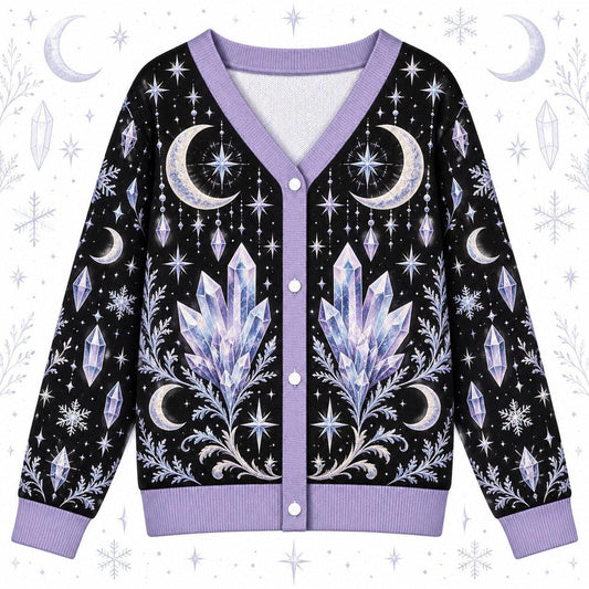 Crystal Cluster Moon Phase Witchy Cardigan for Women Lavender Celestial, front view