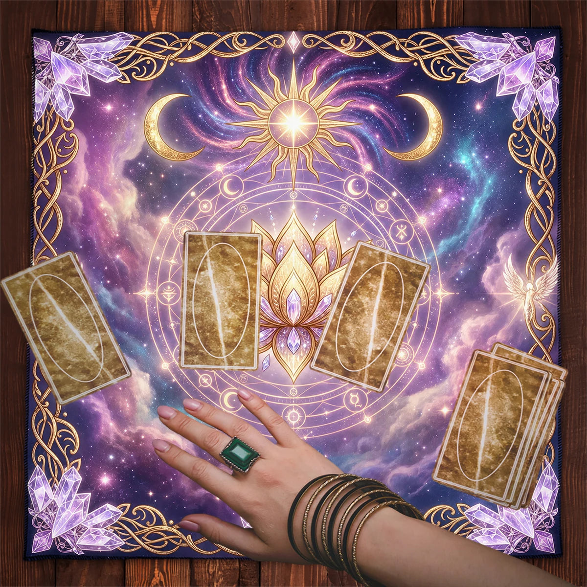Starry sky altar cloth – tarot spread laid out on lotus mat