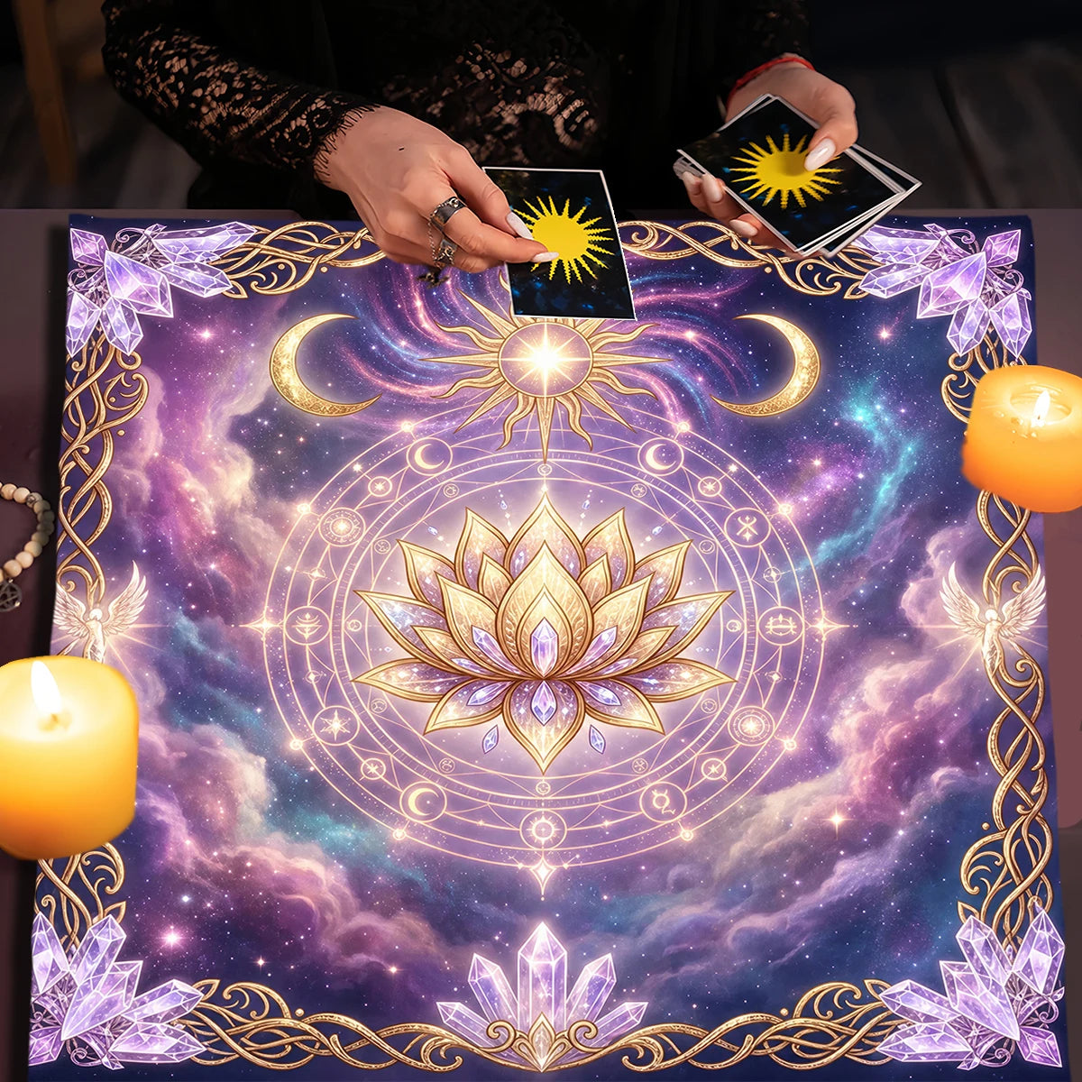 Crystal lotus tarot cloth – moon phase starry sky divination altar cloth