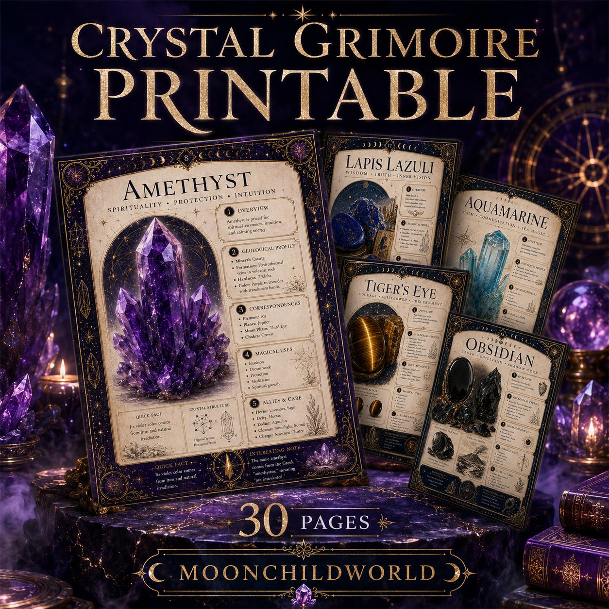 Printable 30-page crystal grimoire pages featuring elegant gold borders, amethyst illustrations, and mystical dark backgrounds.