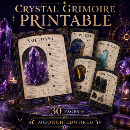 Printable 30-page crystal grimoire pages featuring elegant gold borders, amethyst illustrations, and mystical dark backgrounds.