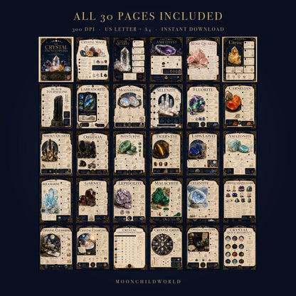 Thirty printable grimoire pages featuring crystal encyclopedia entries with dark aesthetic backgrounds and gold ornate borders.