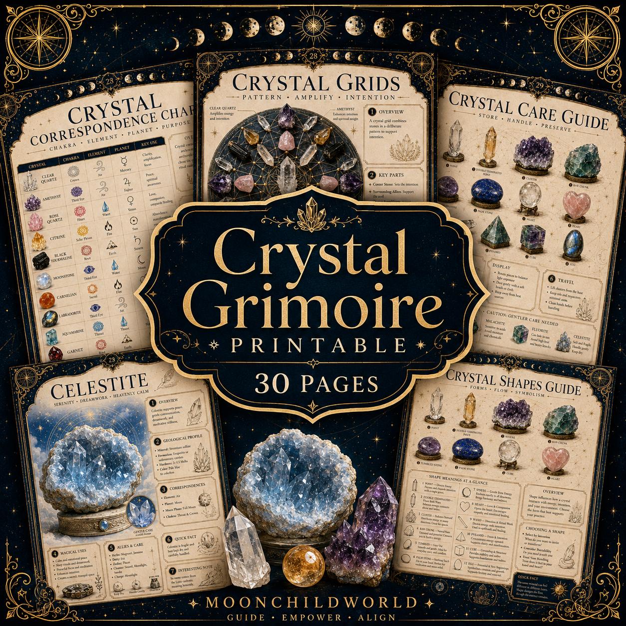 Printable Crystal Grimoire pages featuring gold celestial borders, crystal photography, and educational guides on dark backgrounds.