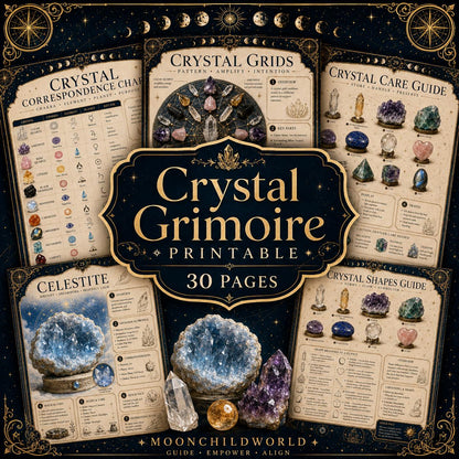 Printable Crystal Grimoire pages featuring gold celestial borders, crystal photography, and educational guides on dark backgrounds.