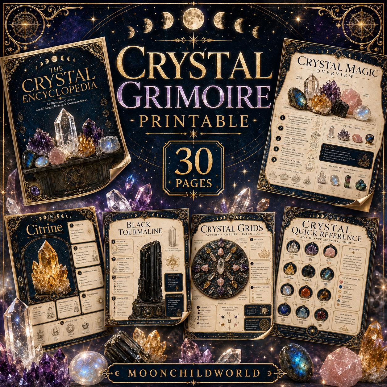 Printable crystal grimoire pages with gold celestial borders, dark backgrounds, and detailed crystal illustrations.