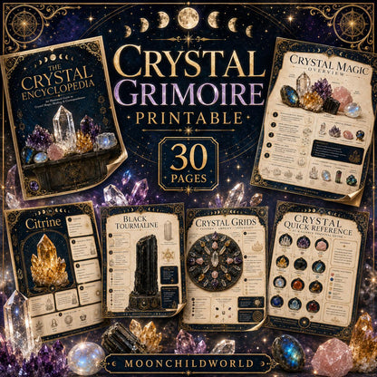 Printable crystal grimoire pages with gold celestial borders, dark backgrounds, and detailed crystal illustrations.