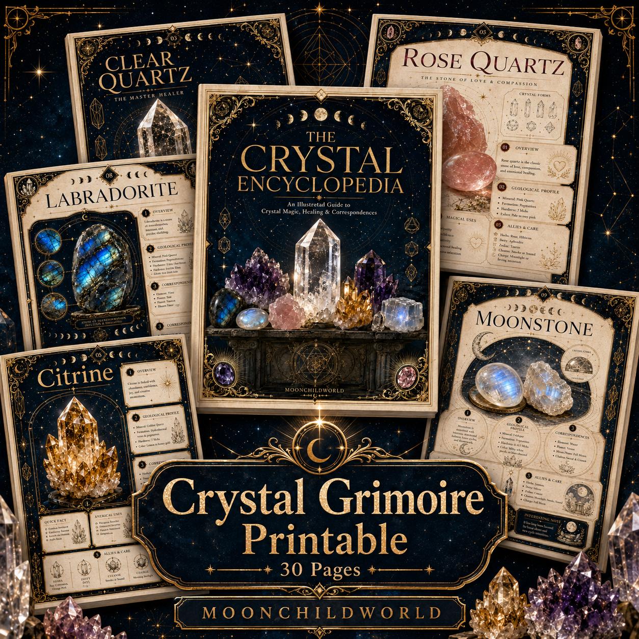 Printable crystal grimoire pages featuring gold celestial designs and detailed gemstone illustrations on dark backgrounds.