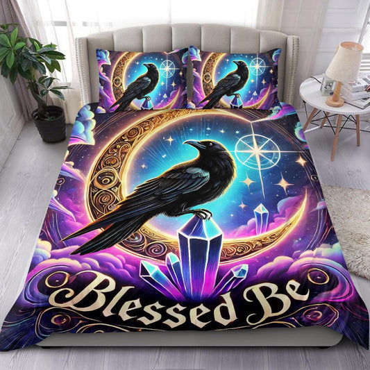 Crystal Moon Black Raven Witchy Bedding Set for Wicca Home Decor-MoonChildWorld