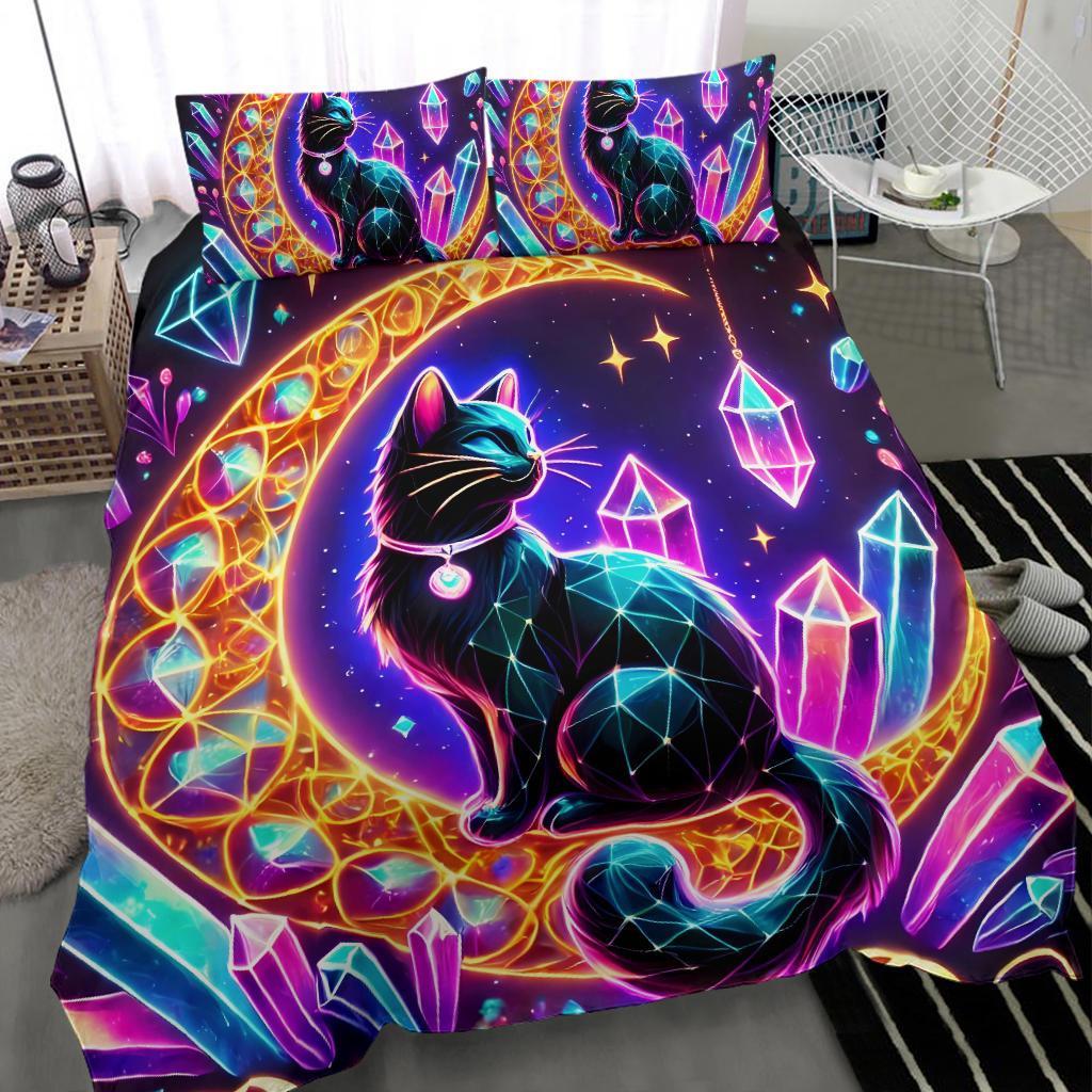 Crystal Moon Magic Black Cat Bedding Set Witchy Home Decor-MoonChildWorld
